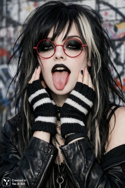 Эмо-девушка в граффити: черно-белый портрет с яркими деталями. Изображение из нейросети Sora Ai Images