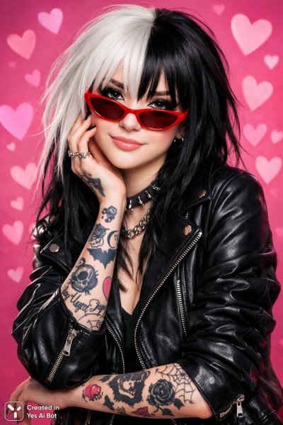 Яркая эмо-девушка в стиле аниме с необычным окрасом волос и татуировками. Изображение из нейросети Sora Image