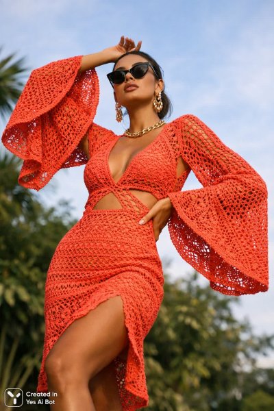 Яркое коралловое платье и высокая мода: стильный образ в зелени. Изображение из нейросети Sora images Ai