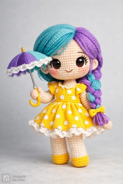 Кукла амигуруми с косичкой: веселье в желтом платье и маленький зонтик. Изображение из нейросети Sora