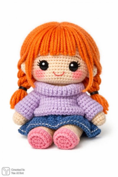 Милая вязаная кукла в уютном свитере и джинсовой юбке с яркими деталями лица. Генерация из нейронной сети Sora Images