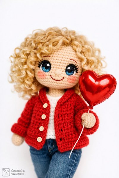 Ажурная кукла с золотыми локонами и сердцем любви на белом фоне. Генерация из нейросети Sora images Ai