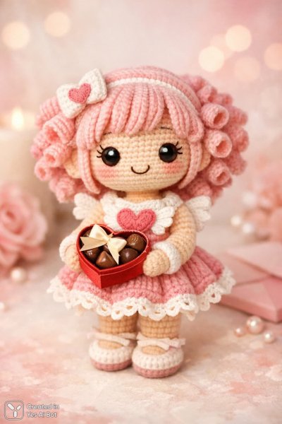 Милая вязаная кукла с розовыми локонами и сердечком. Изображение из нейронной сети Sora Images