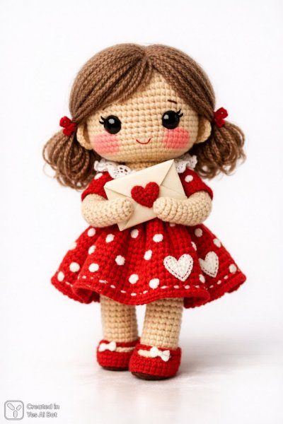 Милая вязаная кукла в красном платье с сердечками и любовным посланием. Нейронная сеть Sora