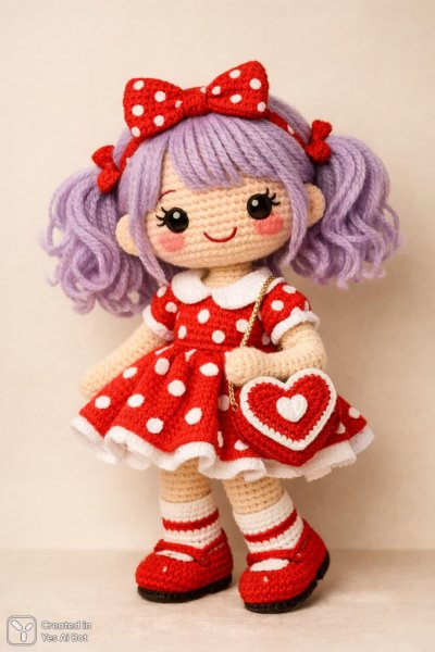 Кукла амигуруми с фиолетовыми волосами и сердечком. Генерация из нейросети Sora images Ai