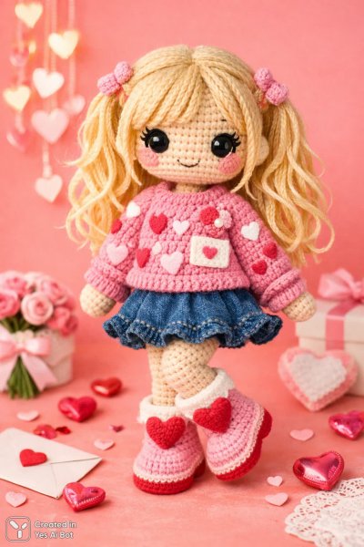 Милая вязаная кукла в розовом свитере на День святого Валентина. Изображение из нейронной сети Sora Ai Images