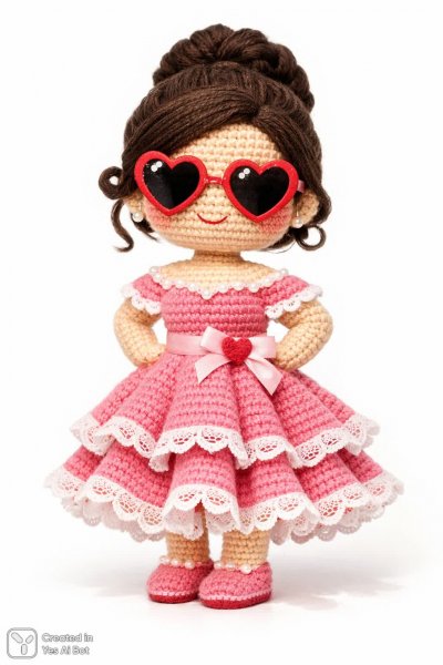 Очаровательная кукла ручной работы в розовом платье с сердечными очками для праздника любви. Изображение из нейронной сети Sora