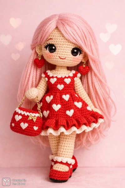 Кукла ручной работы с розовыми локонами и праздничным настроением. Нейросеть Sora Image