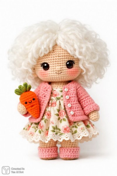 Милая вязаная кукла с пушистыми волосами и цветочным платьем в кардигане. Генерация из нейросети Sora images Ai