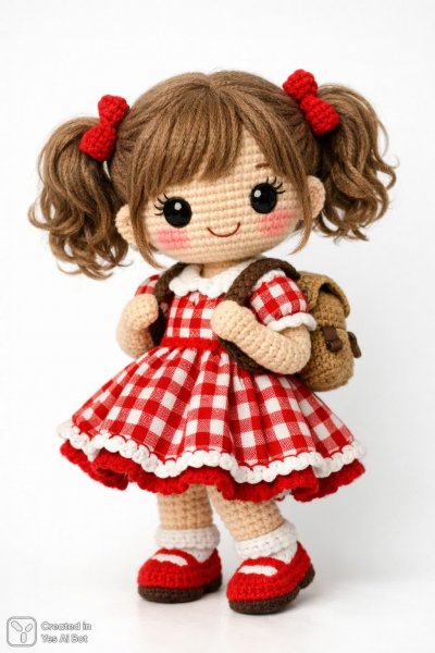 Милая кукла ручной работы с рыжими косичками в красном платье. Картинка из нейронной сети Sora Image