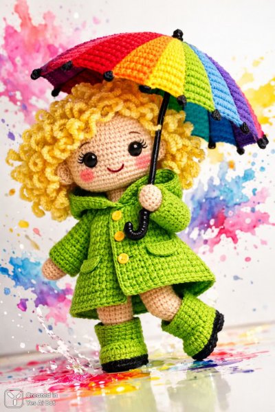Яркая вязаная кукла с желтыми локонами под радужным зонтом в зеленом дождевике. Нейросеть Sora
