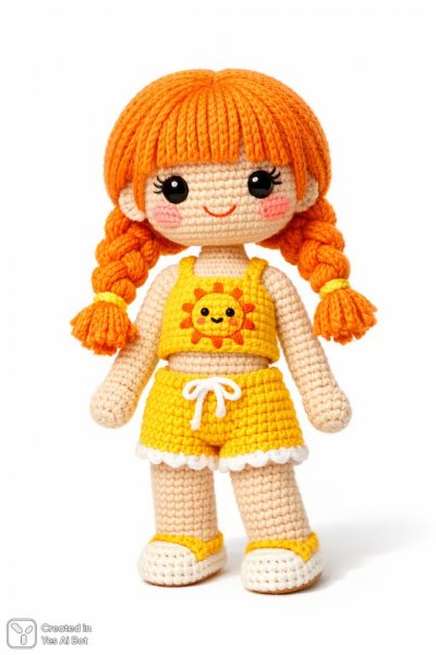 Яркая вязаная кукла с оранжевыми косичками и солнечным настроением. Изображение из нейронной сети Sora images Ai