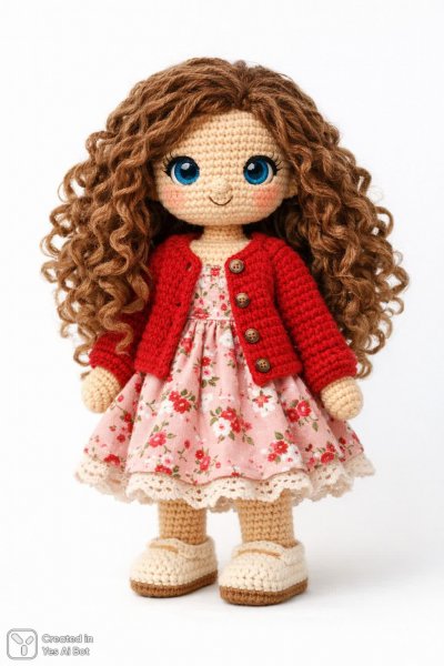 Милая вязаная кукла в уютном кардигане и цветочном платье. Картинка из нейронной сети Sora