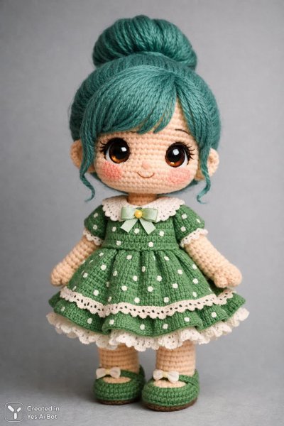 Милая вязаная кукла в зеленом платье с горошком и небесно-голубыми волосами. Картинка из нейронной сети Sora Ai Images
