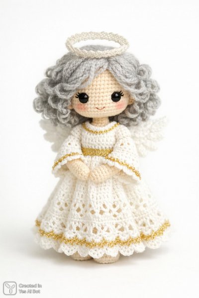 Небесная кукла ручной работы: вязаное очарование в золотых тонах и серебристых локонах. Нейросеть Sora Images