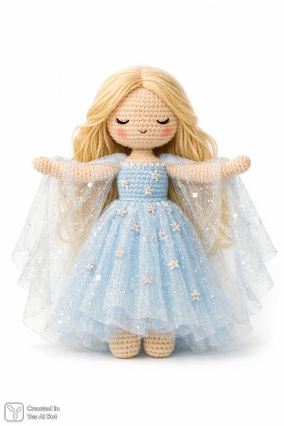 Прекрасная кукла ручной работы с золотыми волосами и небесным платьем. Изображение из нейронной сети Sora Image