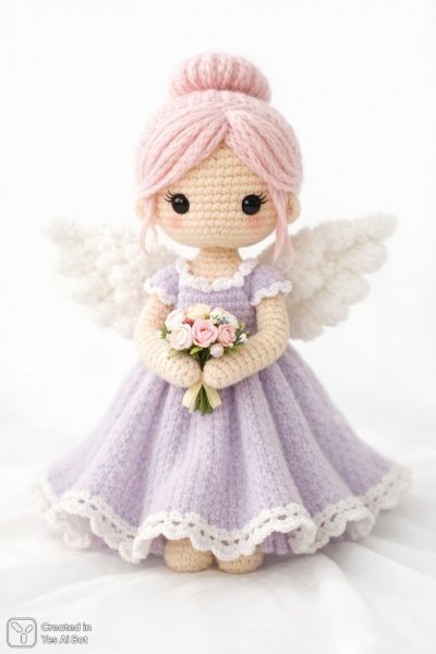 Нежная кукла ручной работы в пастельных тонах: грация и красота вязаного ангела. Картинка из нейросети Sora