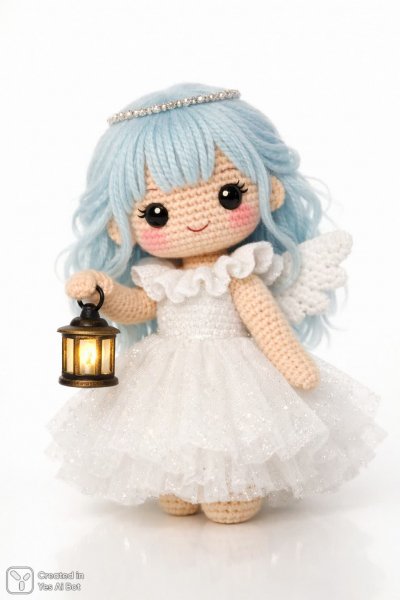 Нежная кукла амигуруми: волшебство света и небесная красота. Изображение из нейросети Sora Ai Images