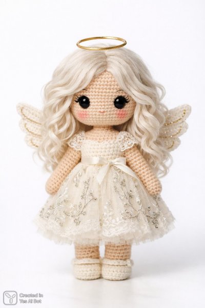 Небесная кукла ручной работы с платиновыми локонами и золотым сиянием. Генерация из нейронной сети Sora images Ai