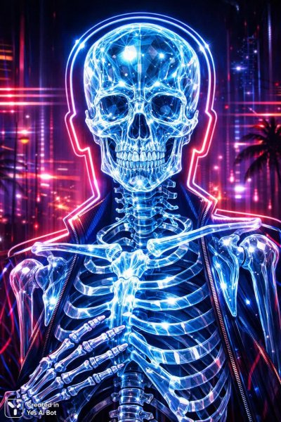 Неоновый череп: цифровая живопись в стиле синтвейв панк. Генерация из нейросети Sora Images
