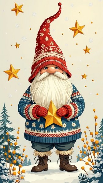 Волшебный гном в зимней сказке с золотыми звездами и праздничным настроением. Нейросеть Flux Ai
