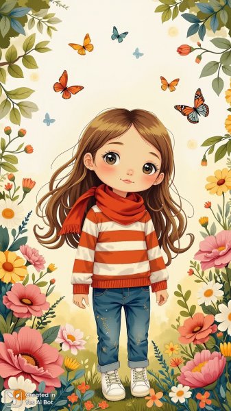 Загадочная кукла в цветущем саду: узор дзен и летнее настроение. Изображение из нейросети Flux Ai