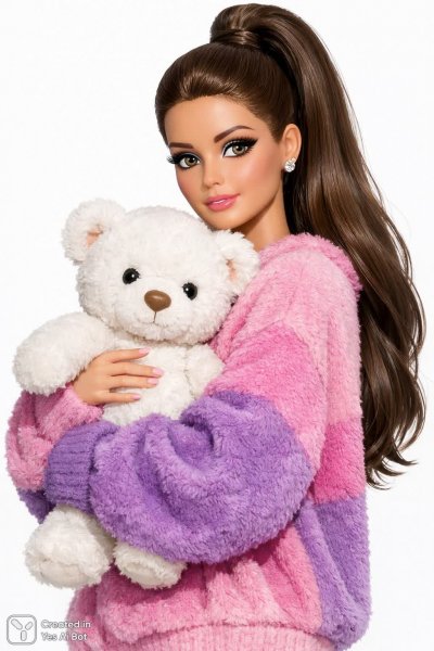 Барби с мишкой: уютный розовый свитер и стиль. Картинка из нейронной сети Sora