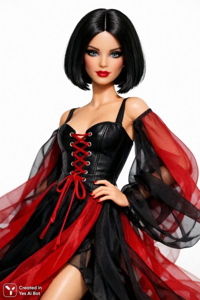 Барби в элегантном образе: черное платье и прямой взгляд. Изображение из нейронной сети Sora