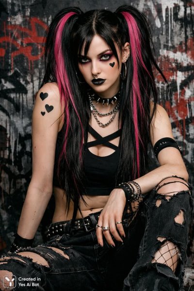 Дерзкий образ: эмо-девушка с ярким макияжем и татуировками на фоне граффити. Картинка из нейросети Sora images Ai