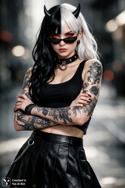 Девушка демон с контрастной внешностью и таинственным взглядом в городе. Изображение из нейросети Sora