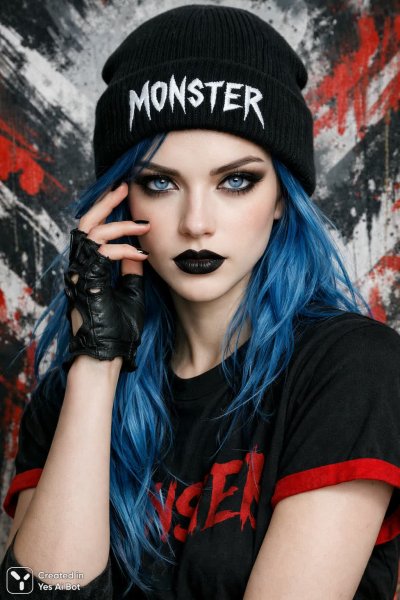 Яркая бунтарка в черном: портрет с абстрактным фоном и дерзким взглядом. Нейронная сеть Sora Image