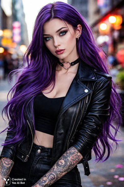 Яркая девушка с фиолетовыми волосами и татуировками в городском стиле. Генерация из нейронной сети Sora images Ai