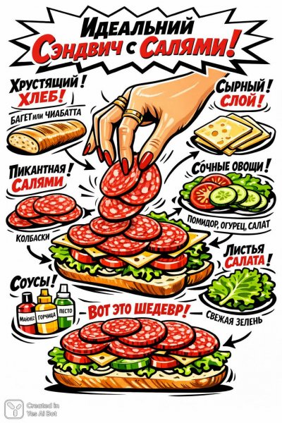 Веселая инфографика: секреты идеального салями-сэндвича с анимацией. Картинка из нейронной сети Sora images Ai