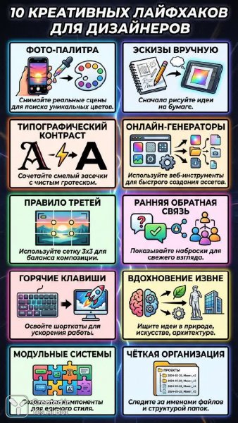 10 креативных лайфхаков для дизайнеров: визуальный гид в стиле модерн. Картинка из нейросети Nano-Banana