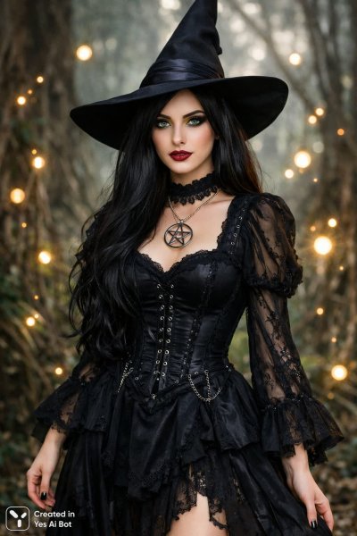 Зачарованная ведьма в таинственном лесу с магическими сферами и готическим нарядом. Генерация из нейронной сети Sora images Ai