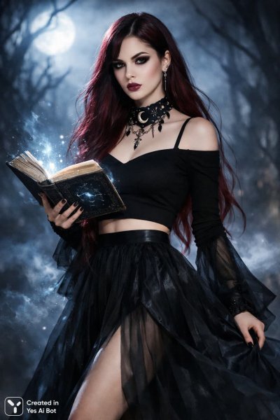 Таинственная готика: ведьма в лунном свете с гримуаром и чарами. Картинка из нейросети Sora