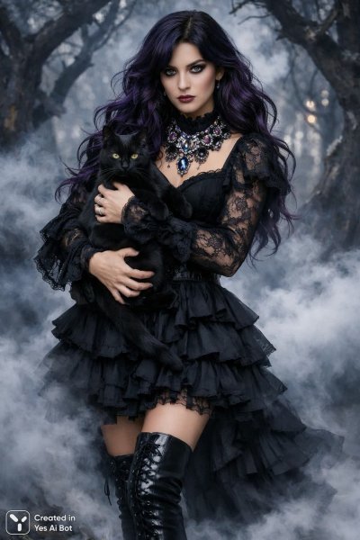 Загадочная готическая ведьма в фиолетовом тумане и волшебном лесу. Картинка из нейронной сети Sora Image