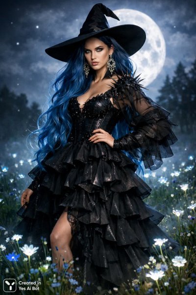 Загадочная чародейка в лунном поле цветов. Нейросеть Sora Images