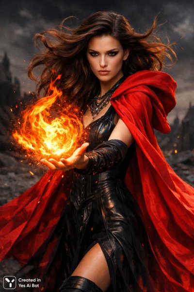 Волшебница в красном плаще: мощь огненного шара и таинственная сила. Изображение из нейронной сети Sora Ai Images