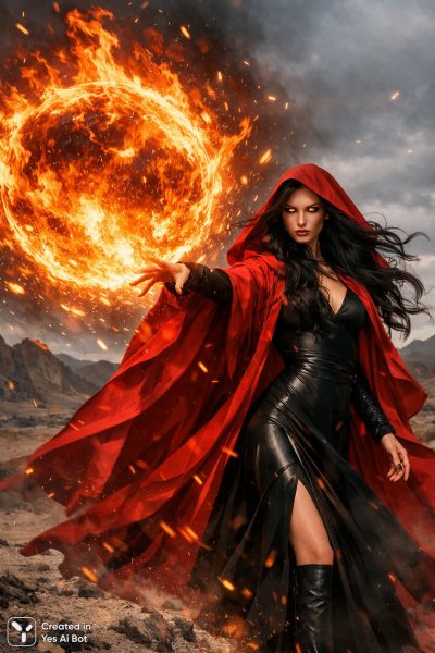 Ведьма в красном: сфера огня над безжизненной землей. Генерация из нейронной сети Sora Images
