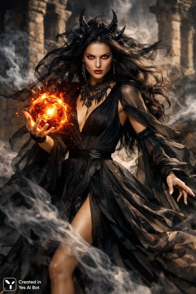 Темная ведьма и огненный шар в древних руинах: магия тьмы и пламя разрушения. Изображение из нейросети Sora Image