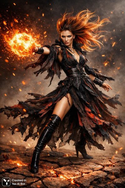 Огненная ведьма: мощь пламени и древней магии в разгар битвы. Генерация из нейронной сети Sora images Ai
