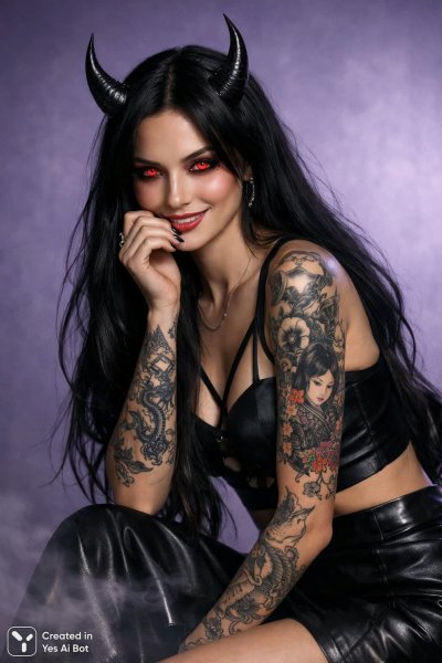 Таинственная красотка с рогами и татуировками в сумрачной атмосфере. Изображение из нейросети Sora images Ai