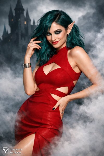 Озорная суккуб в красном платье и туманном замке. Картинка из нейросети Sora images Ai