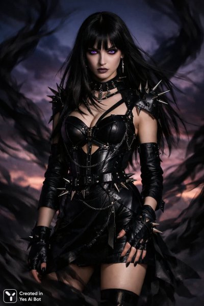 Демоническая соблазнительница в сумеречном небе с острыми шипами и пронзительным взглядом. Генерация из нейронной сети Sora Image