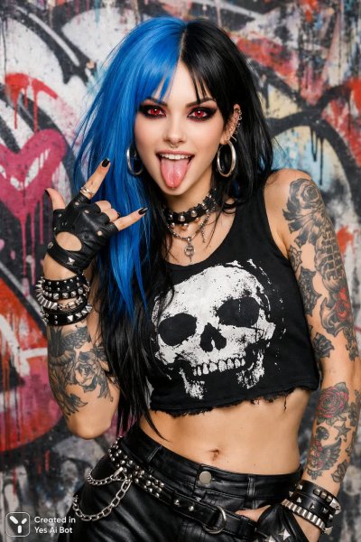 Яркая бунтарка в стиле эмо с дерзким взглядом и татуировками на фоне граффити. Генерация из нейросети Sora Images