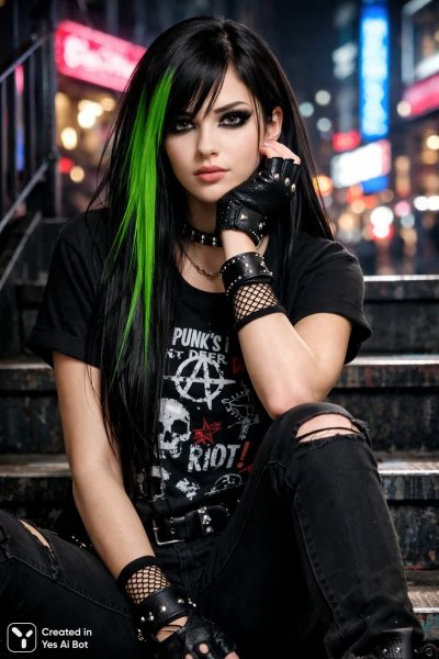 Готическая красота городской ночи: образ девушки в стиле эмо с яркими акцентами и дерзким настроением. Изображение из нейронной сети Sora Ai Images