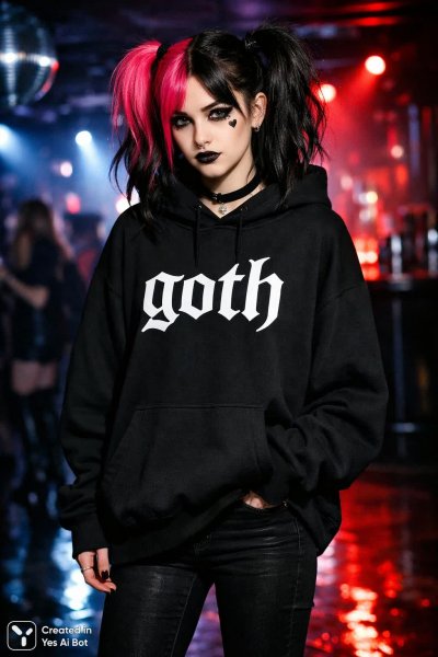 Готическая красотка с розово-черными хвостиками и сердцем под глазом. Картинка из нейронной сети Sora Images