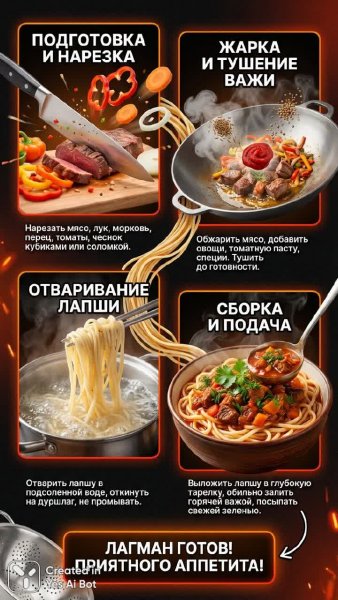 Лагман: пошаговый рецепт с аппетитными иллюстрациями и стильным дизайном. Нейросеть Нано Банана