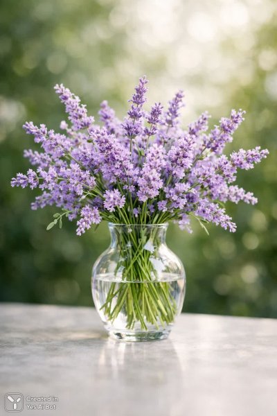 Лаванда в вазе: нежность фиолетового и зелени в фотореалистичной съемке. Картинка из нейросети Sora Image